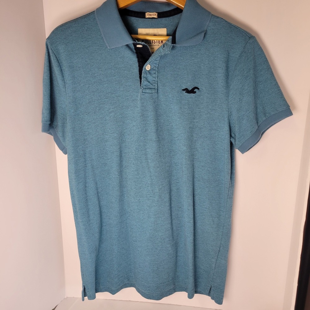 Hollister Mens Blue Heather Stretch Short Sleeve Polo Shirt Size M Logo